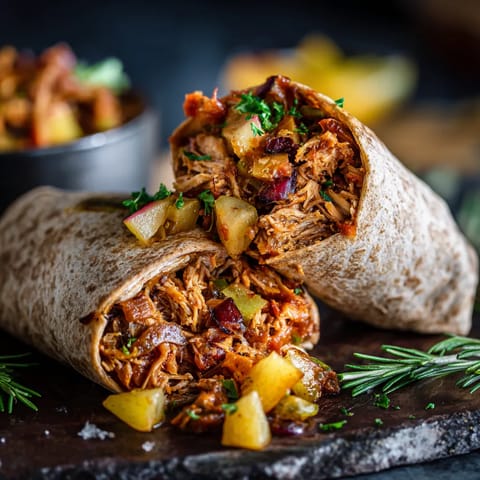 Obraz przedstawia dwa taco wrapy z mięsem z kurczaka.