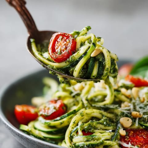 Zucchini Noodles with Pesto - wpisany na talerze z zucchinami, pastą a także nasionami pinii.