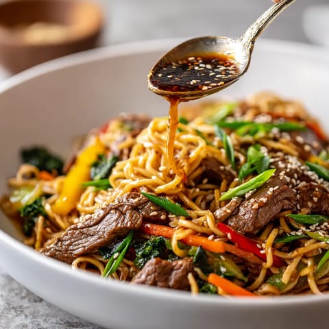 W misce z sesame beef stir-fry noodles, sos z miso, brokulet z carrot, zioła i sesame.