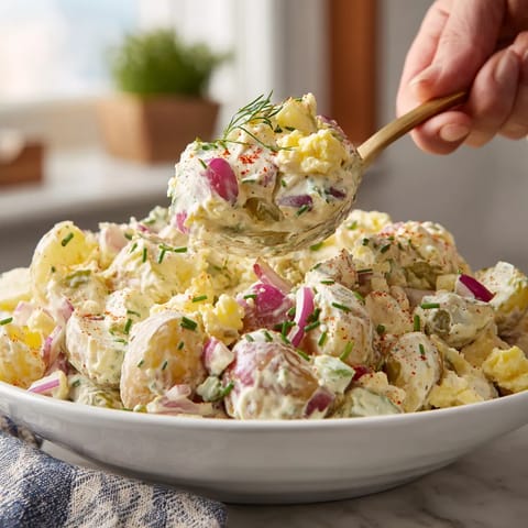 W misce zalewanej w potato saladzie, który zawiera wiele różnych składników.