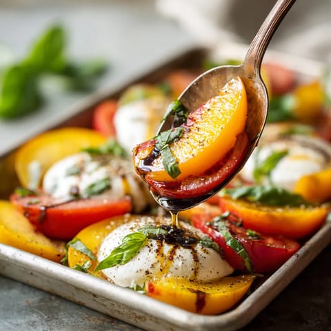 W panierze pełnym słodkich pomidorów, peach i burraty, słodyczy i oliwy, wypiekają się w pełni smakowite i zdrowotne danie.