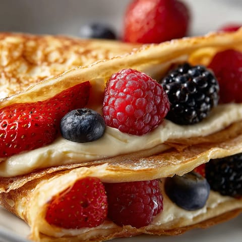 Naleśniki z serem i owocami, takimi jak jabłka i borówki, są pokryte świeżym serem i owocami.