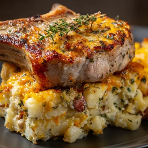 Na tle ciemnego tła, na płycie stoi smothered pork chop.