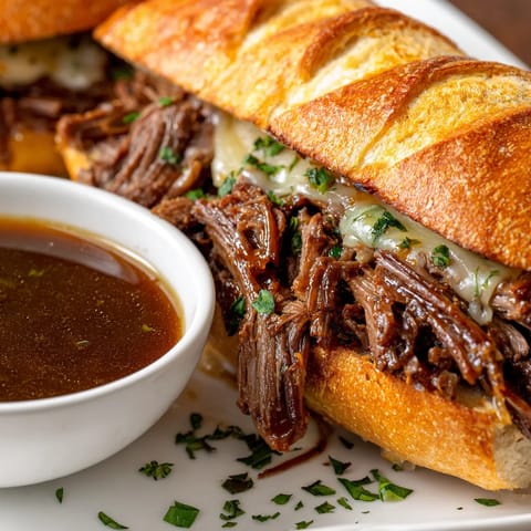 Widać się zwięzły opis obrazu "Slow Cooker French Dip Sandwiches.