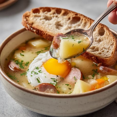 W misce z żur włoszczyznowy z białą kiełbasą i ziemniakami, w którym dłonie wciąga kiełbasę i ziemniaki.