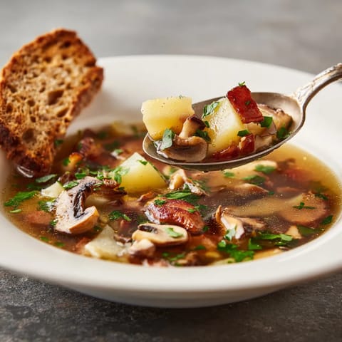 Zalewajka świętokrzyska z boczkiem i suszonymi grzybami.