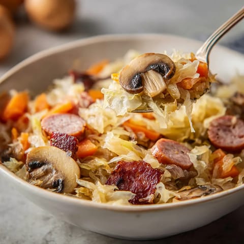 Bigos myśliwski w stylu comfort food – bigos z kiełbasą i jabłkiem.