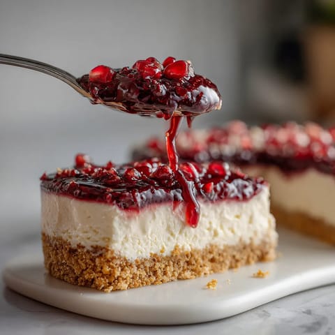 Na tle szarości, widać się sernik na zimno z musem z granatu. Widzimy też ciasto z serem i jabłkami, a także słodkie danie z owocami.