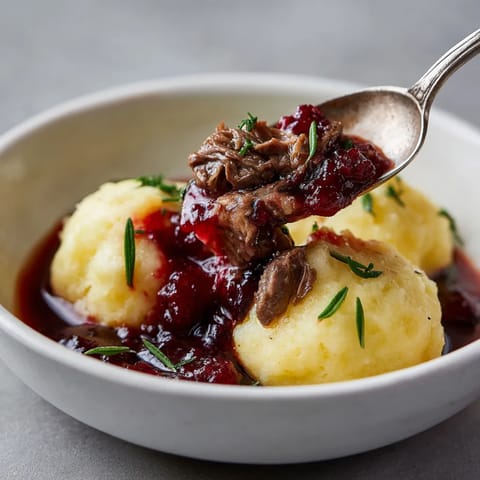 W kartacze góralskimie z dziczyzną i żurawiną, znajduje się kawałek pieczenia w misce.