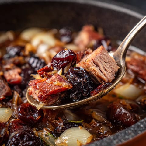 W kocie wędzone śliwki wraz z piwem ciemnym tworzą delikatny bigos leśny.