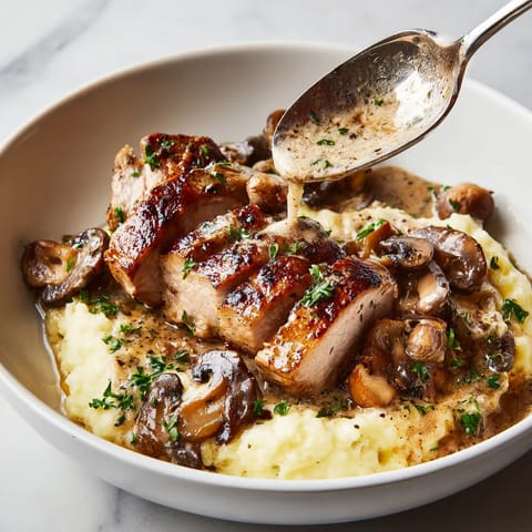 W misce z polędwiczką wieprzową glazurowaną miodem z sosem kurkowo-porto.