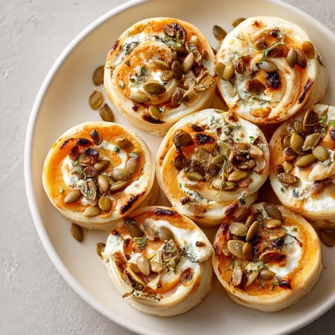 Na tle szarości widać pięć pierogów rolowanych z dynią i wędzoną ricottą.