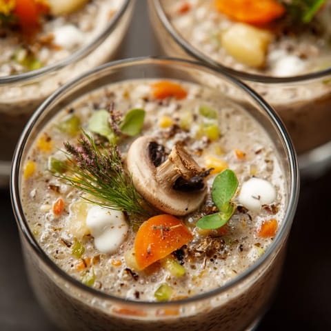 W obrazie przedstawione są trzy mini szklanki zawierające kremowy krupnik z kaszy perłowej.