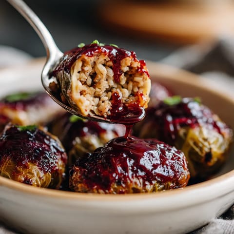 W misce złożone z mini gołąbków wegańskich z glazurą z buraka.