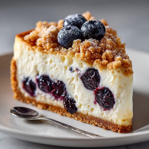A slice of cake with blueberries on top.