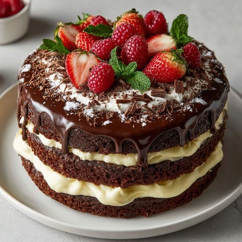 A chocolate cake with strawberries on top.