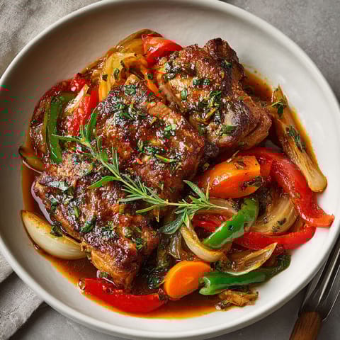 A bowl of meat and vegetables.