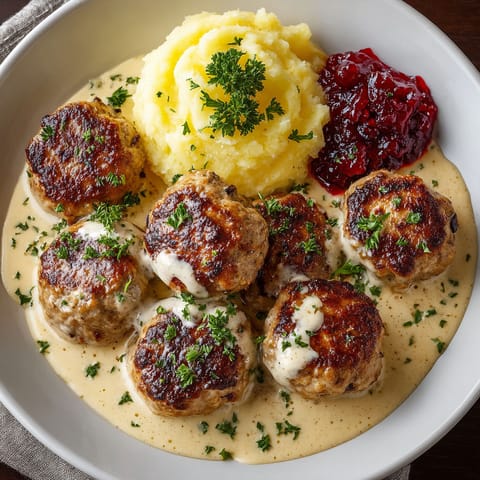 A plate of food with meatballs and potatoes.