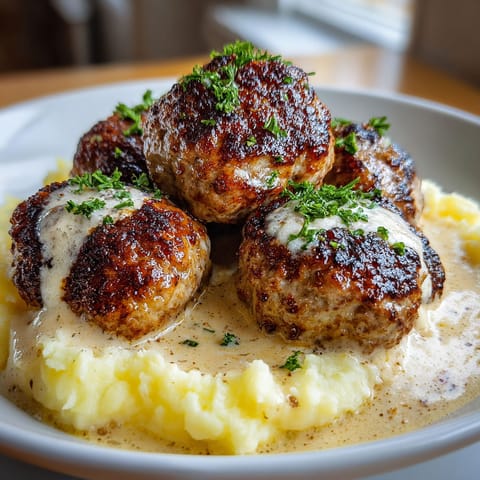 A plate of food with meatballs and mashed potatoes.