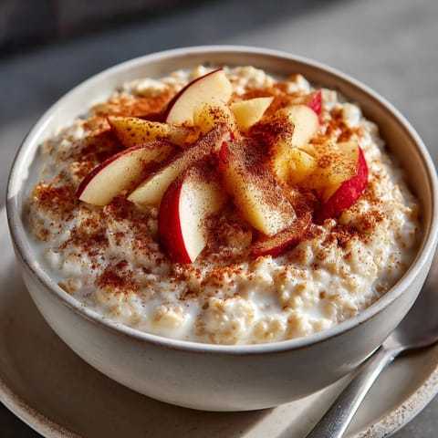 Owsianka z jabłkiem i cynamonem: Apetyczne śniadanie, owsianka z cynamonowym aromatem i kawałkami świeżych jabłek.