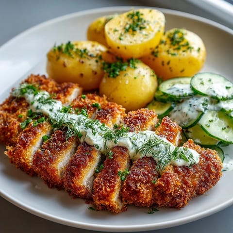 Kotlet schabowy: Złocisty, chrupiący kotlet schabowy z ziemniakami, idealny obiad dla całej rodziny.