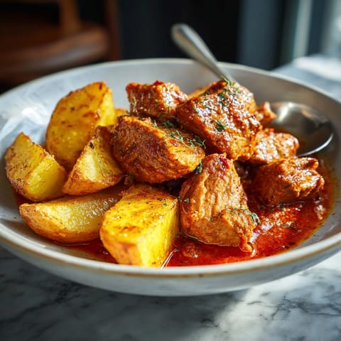 Aromatyczny gulasz wieprzowy z ziemniakami, wolno gotowany do miękkości, doskonały comfort food w rustykalnym wydaniu.