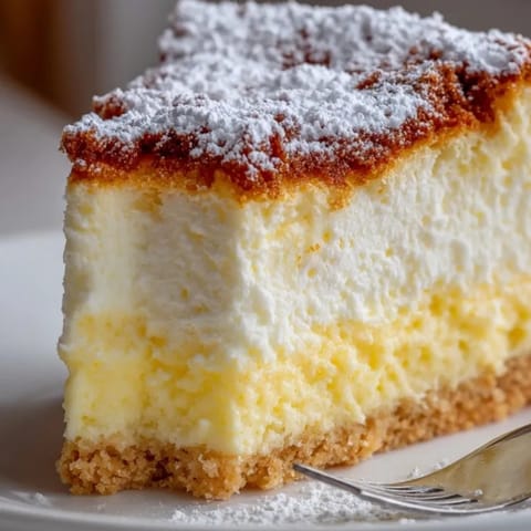 Delikatny sernik polski na kruchym spodzie, posypany cukrem pudrem, zapraszający do spróbowania.
