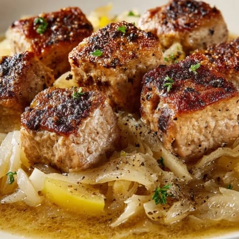 Apetyczny Simple Pork and Sauerkraut Skillet: kawałki miękkiej wieprzowiny otoczone kwaśną kapustą i karmelizowaną cebulą.