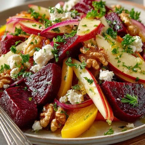 Close-up of a quick beet and apple salad glistening, topped with crumbled feta.