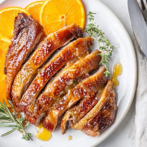 Delikatna kaczka pieczona w miodzie o złocistej skórce, wypełniona pomarańczami i ziołami, gotowa do pokrojenia.