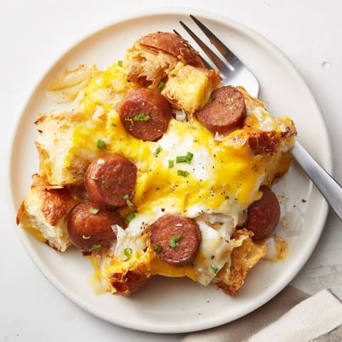 Rozgrzewająca zapiekanka z kielbasy i sera, podawana z świeżymi szczypiorkami.  