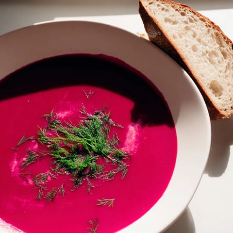 A comforting spoonful of creamy beet soup with crusty bread, perfect for a cozy supper.