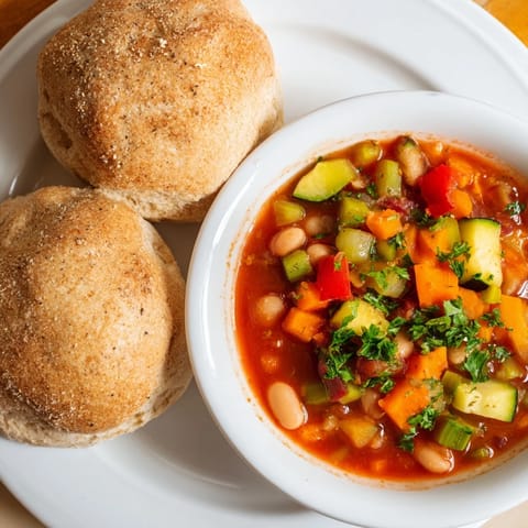 Close-up of a rustic Homemade Bread Rolls & Hearty Bean-and-Vegetable Soup meal, ready to eat with fresh parsley garnish.
