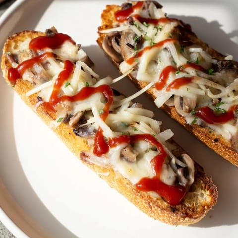 Gorąca zapiekanka, klasyczne danie uliczne, obficie posypana serem z aromatycznymi pieczarkami.