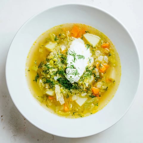 Steaming Polish pickle soup, a comforting vegetarian meal with potatoes and pickles.