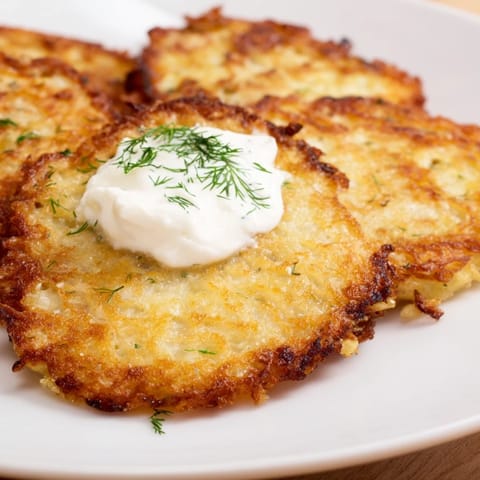  Delicious, savory Polish potato pancakes, served hot and ready with a dollop of sour cream.