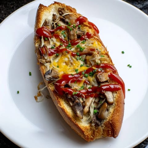 Gotowy do jedzenia, wspaniały widok zapiekanki z frytkownicy powietrznej, skąpanej w obfitym keczupie.