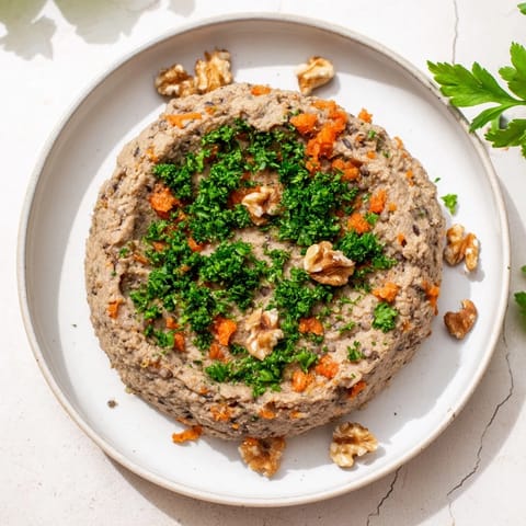 Creamy Effortless Lentil and Mushroom Pâté, ready to serve as a delicious vegan appetizer.