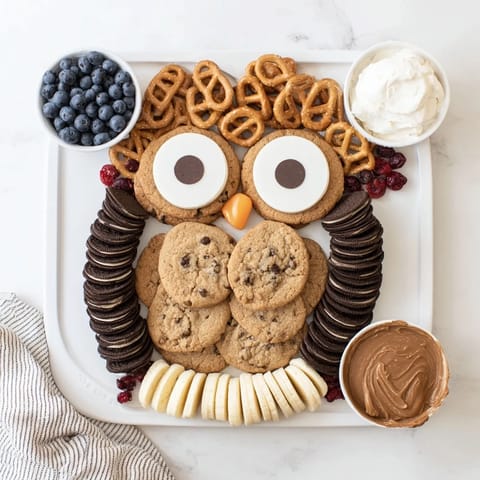 This festive Owl Hooting Dessert Board features a cheerful owl design made of sweet treats.