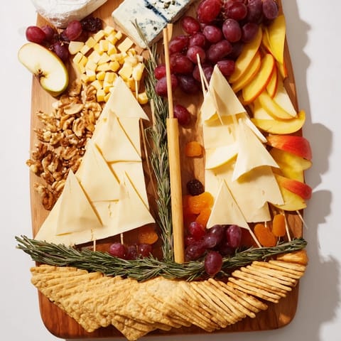 A vibrant Sailboat Cheese Platter, showcasing assorted cheeses, grapes, and nuts beautifully arranged.