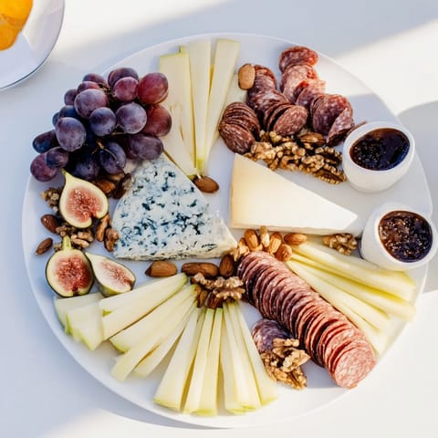 Delicious Wine & Food Pairing Platter: cheeses, meats, crackers, and elegant wine selections.