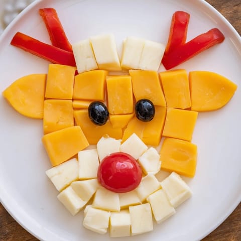 This vibrant Cheesy Reindeer Face Platter features cheese, veggie "antlers," and a bell pepper nose, ready to eat.