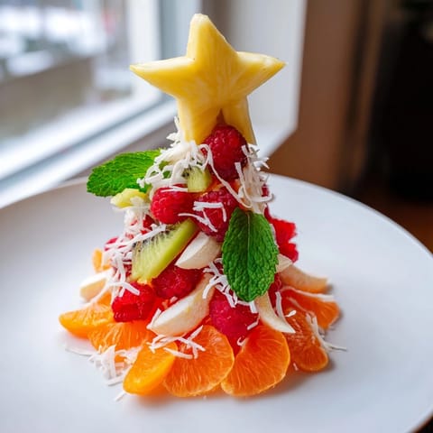 Vibrant arrangement of kiwi, raspberries, and mandarin oranges for a delicious Christmas tree fruit platter.