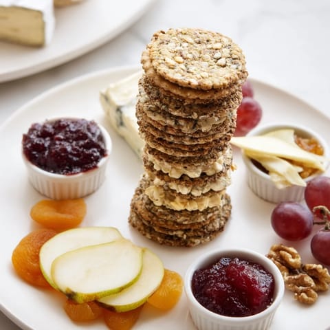 Artisan Gourmet Crackers tower, an elegant appetizer with fig jam and assorted toppings.