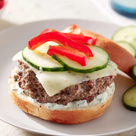 A close-up shot of The Fire & Ice Burger, featuring refreshing cucumber and creamy yogurt sauce.
