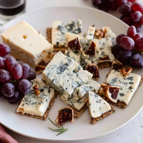 This Blue Ridge Mountains cheese platter displays blue cheeses arranged like majestic peaks, honey, and nuts.
