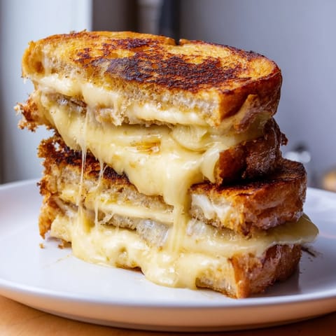 Golden Custard French Toast Grilled Cheese, a melty, cheesy sandwich ready to eat.