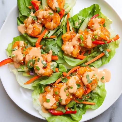 Fresh shrimp lettuce cups arranged, ready to be eaten, with a creamy sauce drizzled over.