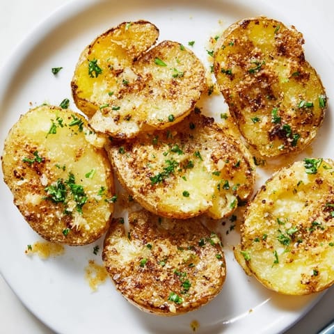 Freshly baked Garlic Parmesan Potatoes, speckled with herbs and cheese, offering a delicious aroma.