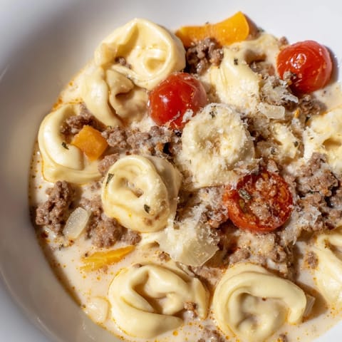 Creamy and rich Tortellini Beef Soup, featuring tender tortellini, ready to be enjoyed.